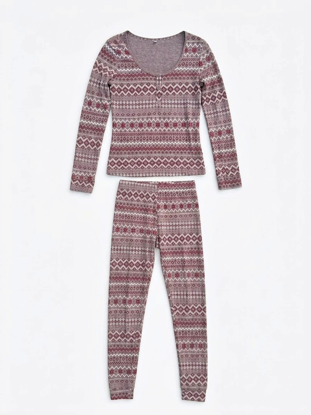 H&M Fair Isle Pyjama Set – Browny Grey & Burgundy, Size Small